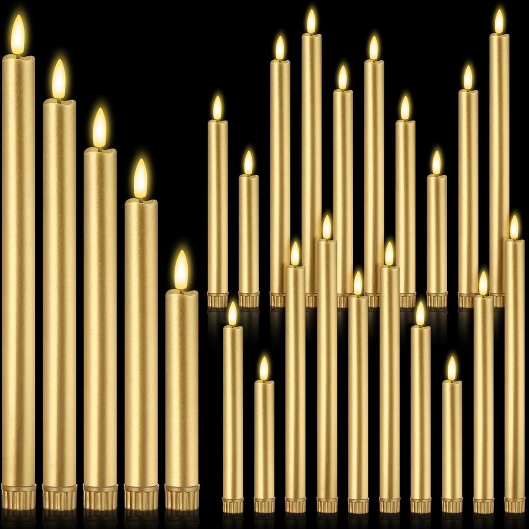 20 Pcs Flameless LED Taper Candles Battery Operated Taper Candles 5 Sizes of 6.5'', 7.7'', 8.8'', 10.0'', 11.2'' Flameless Candlesticks Flickering with 3D Flame for Wedding (Golden)