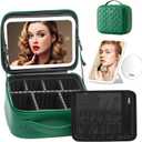 Omobolanle Makeup Bag with Mirror Led Light Detachable Portable Make up Travel Train Case with Adjustable Dividers and 10x Magnifying Mirror Green