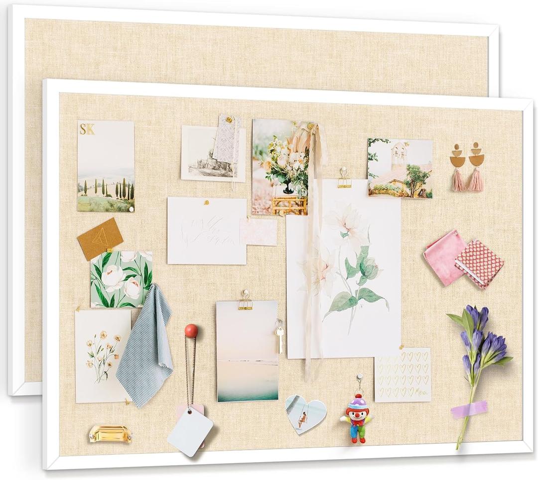 Cork Board with Linen 36x24 inch Bulletin Board Office Decor Hanging Pin Wood Framed Display Picture Vision Board Light for Wall School Office Bedroom (White, 2 Pack 3624)