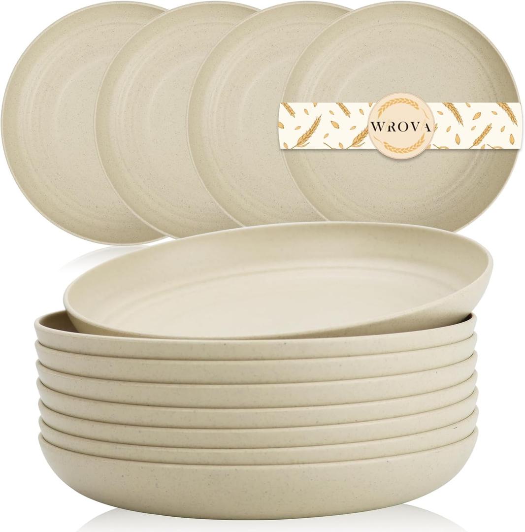 Wrova Wheat Straw Plates - 8 Inch Unbreakable Dinner Plates Set of 8 - Dishwasher & Microwave Safe Plastic Plates Reusable - Lightweight Small Plates for kitchen, R.V. (Beige)