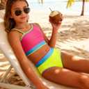 Funnycokid Girls Swimsuit Two Piece Bathing Suit Adjustable Straps Kids Bikini Sets Teens Swimwear 9-16Y (9-10 Years, Hotpink Yellow)