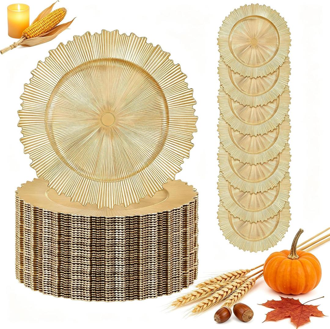 Ejonirinjonir 50 Gold Charger Plates Bulk For Wedding Dinners 13" Sunburst, 50pcs