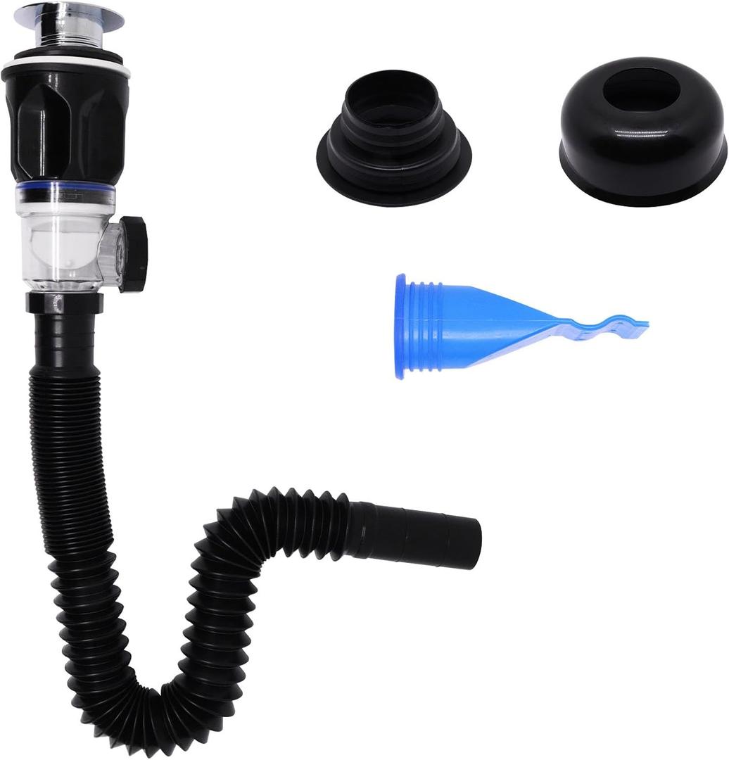 Bathroom Sink Drain Kit, Sink Drain Pip Kit with Strainer Basket Pop-up Stopper, Flexible P Trap for 1-1/2" & 1-1/4" Drains, for Bathroom Kitchen (Black Full Set)