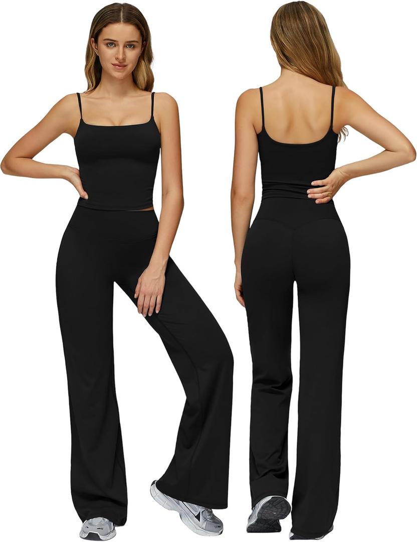QBGJTD Womens Workout Sets Two Piece Spaghetti Straps Crop Top Matching Straight Leg Pants Gym Work Pilates Outfits (Black, M)