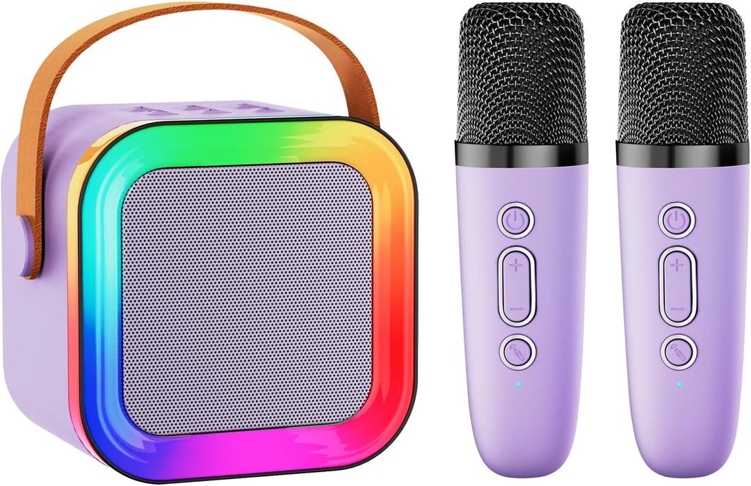 Mini Karaoke Machine Speaker for Kids Adults, Portable Bluetooth with 1-2 Wireless Microphones, Christmas Birthday Gifts Toys Girls Boys Ages 4, 5, 6,7, 8,9,10,11,12+ Years Old Toddler (Purple - 2 Mic)