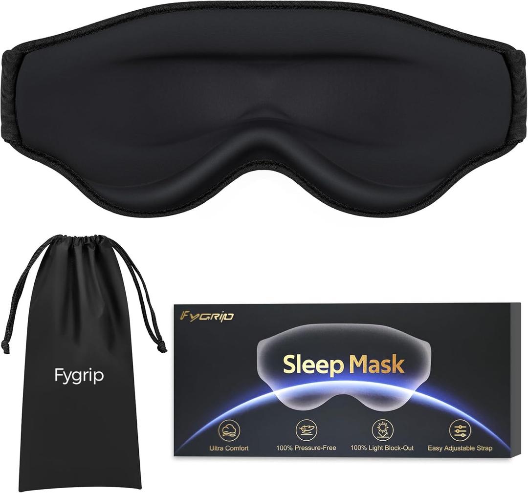 3D Eye Mask Sleep Mask for Men & Women, 100% Pressure-Free & Light Block-Out Eye Mask for Sleep with Easy Adjustable Strap, Night Eye Cover for Travel, Black