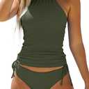 Women's Bathing Suit Solid Color Drawstring Side Halter Neck Tankini Set, Solid Black, Small (Army Green)