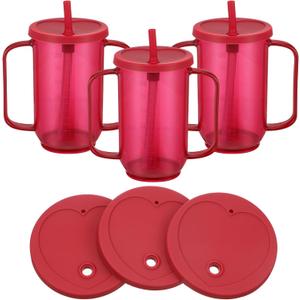 Sliner Adult Sippy Cups for Elderly, 12 oz Plastic Spill Proof Cups with 2 Handles Straw and Lid for Adults Hospital Disabled Dysphagia Patients (Red)