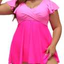 Edelqual Women's Plus Size Tankini Swimsuits Swim Dress Tummy Control Bathing Suits Two Piece Full Coverage High Waisted Modest Curvy Swimwear 2025(Color Block Hot Pink, 3XL)
