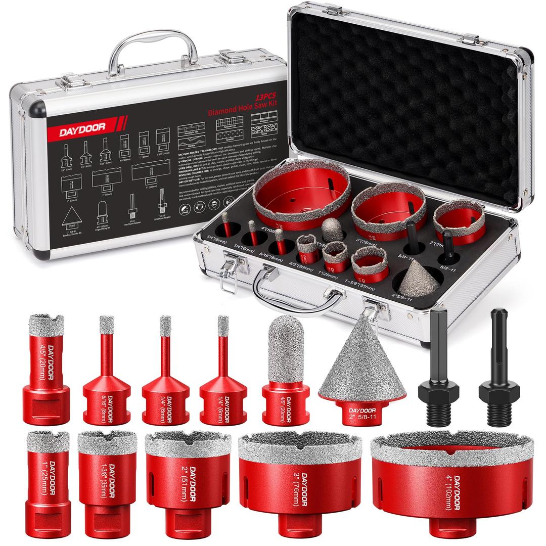 DAYDOOR Diamond Hole Saw Kit, 13-Piece Tile Hole Saw Kit 1/4" 5/16" 4/5" 1" 1-3/8" 2" 3" 4",Vacuum Brazed Core Drill Bits for Porcelain Tile, Granite, Marble, Stone(Red)