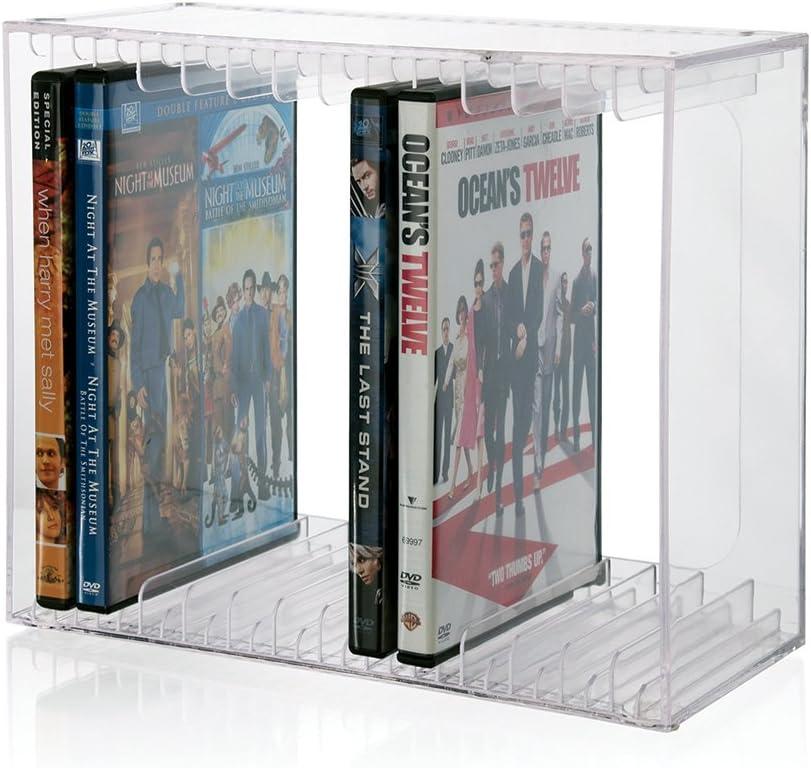STORi Stackable Clear Plastic DVD Organizer with Rubber Feet | Rectangular Holder Perfect for Theater Room | Holds up to 14 Standard DVD Cases | Made in USA