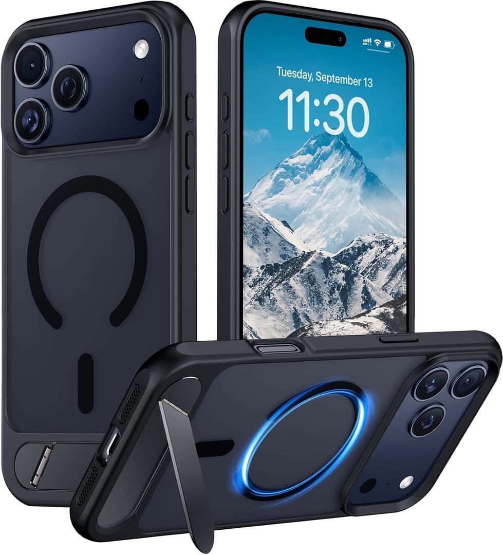 Temdan Designed for iPhone 17 Pro Case, [Built-in Invisible Kickstand][Compatible with MagSafe][Military Grade Shockproof] Slim Translucent Matte Phone Case for iPhone 17 Pro 6.3 inch (Black)