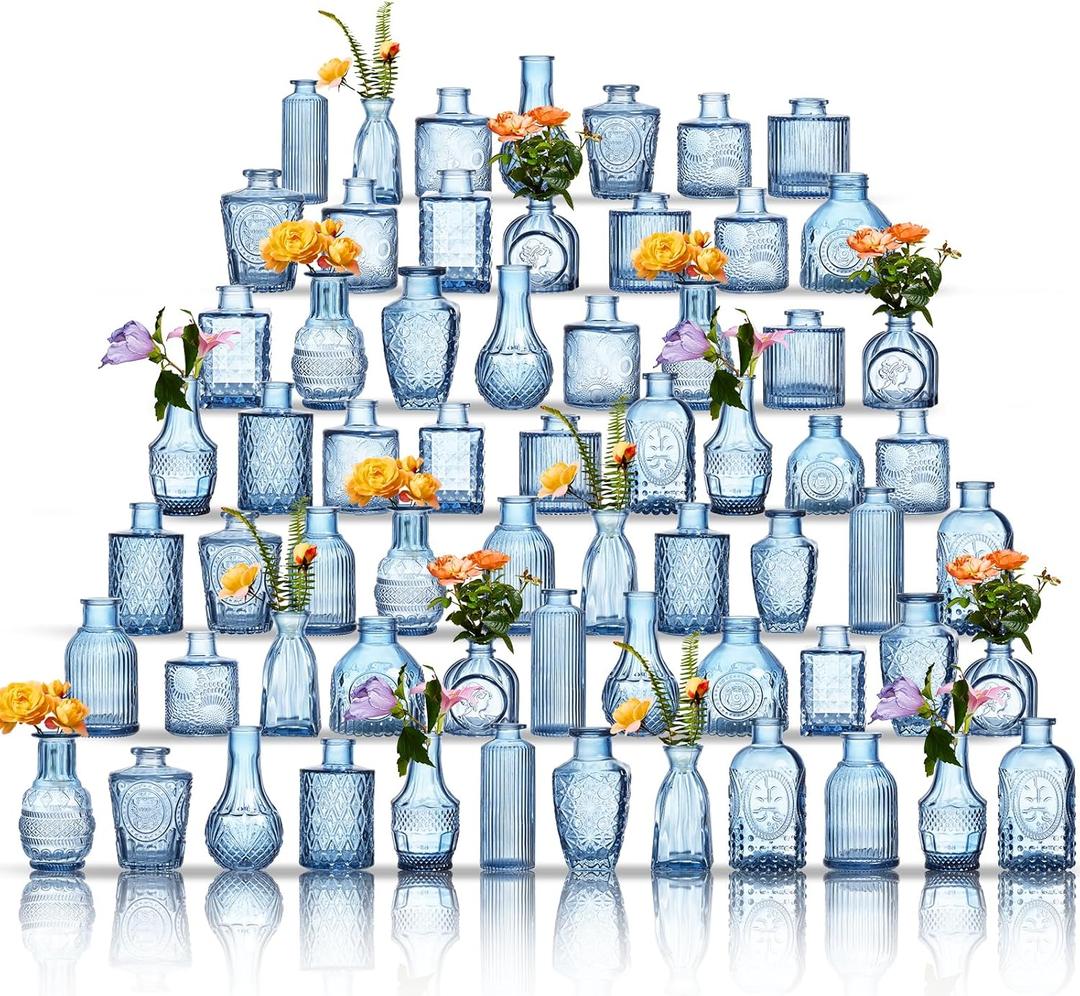 Glass Bud Vases Set of 64 - Blue Assorted Small Mini Glass Vases for Flowers, Crystal Vintage Vase Set, Bulk Centerpieces for Table Dcor, Wedding, Home and Events (Blue, 64 Pcs)