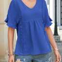 Womens Summer Tops V Neck Ruffle Half Sleeve Blouses Cute Lace Peplum Shirts Casual Boho Babydoll Clothing 2025 (Blue, XXL)