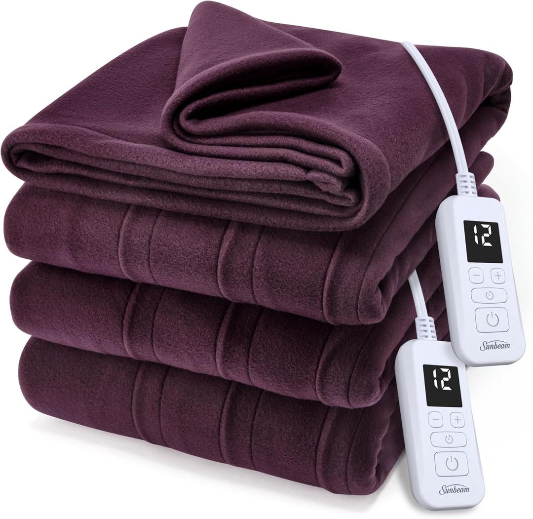 Sunbeam Royal Ultra Fleece Heated Electric Blanket King Size, 90" x 100", 12 Heat Settings, 12-Hour Selectable Auto Shut-Off, Fast Heating, Machine Washable, Warm and Cozy, Claret