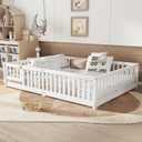 Bellemave Queen Size Floor Bed Frame with Slats and Safety Guardrail, Wood Queen Size Montessori Floor Bed with Door and Fence, Easy Assemble Montessori Beds for Kids, Girls, Boys, White
