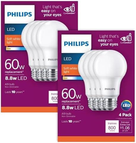 PHILIPS LED Frosted Non-Dimmable A19 Light Bulb - Pack of 4 - EyeComfort Flicker Free - 8.8W = 60W - 800 Lumen - Soft White (2700K) - E26 Base - Indoor - Title 20