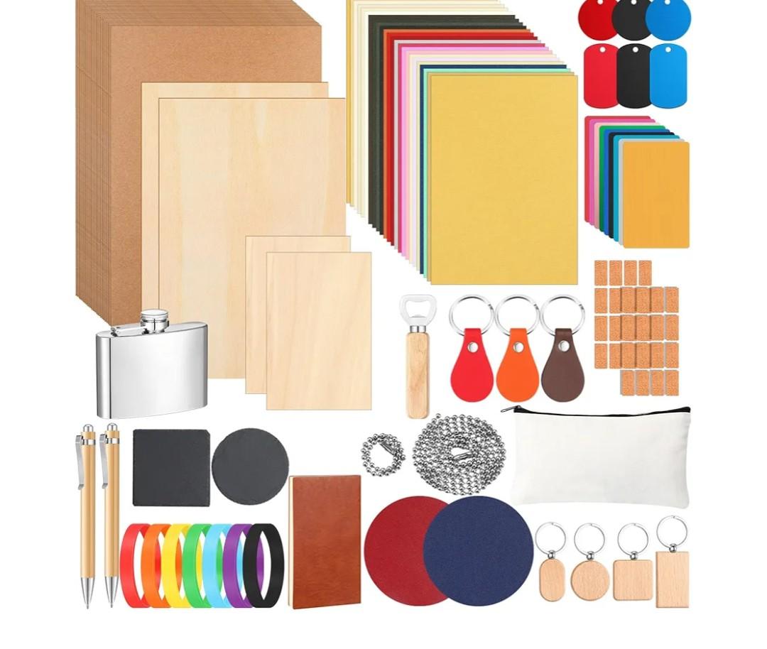 Dunzoom 127 Pcs Laser Material Kit Laser Cutting Engraving Materials Accessories Including Wood, Metal, PU Leather, Fabric, Glass, Rock, Rubber for Cutters Engraving Supplies