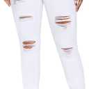 LONGBIDA High Waisted Ripped Skinny Jeans for Women Slim Fit Stretchy Distressed Jeans Y2K Destroyed Ankle Denim Pants (Large, White)