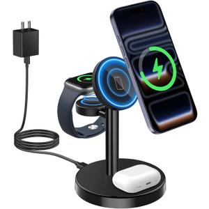2025 3 in 1 Wireless Charging Station for Apple Devices, 15W Fast Magnetic Mag-Safe Charger Stand for iPhone 17 16 15 14 13 12 Series Apple Watch AirPods Pro 4 3 2, Black