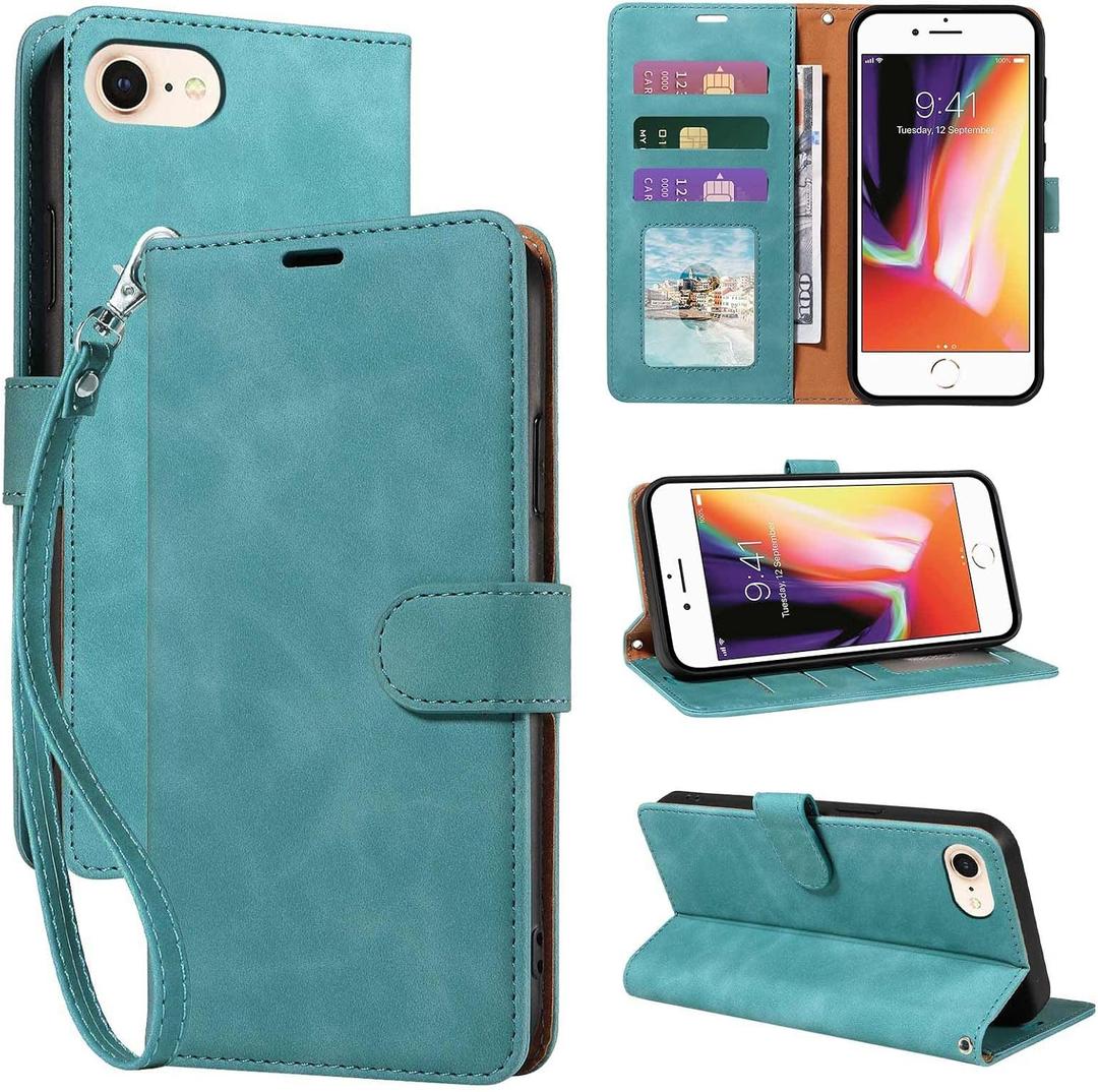 for iPhone SE 2020/2022 Case Wallet, for iPhone 6/6S/7/8 Case, [RFID Blocking 3 Card Slots] 2025 Soft PU Leather Phone Cover, Wrist Strap, Shockproof Protective, Stand Flip (Green)