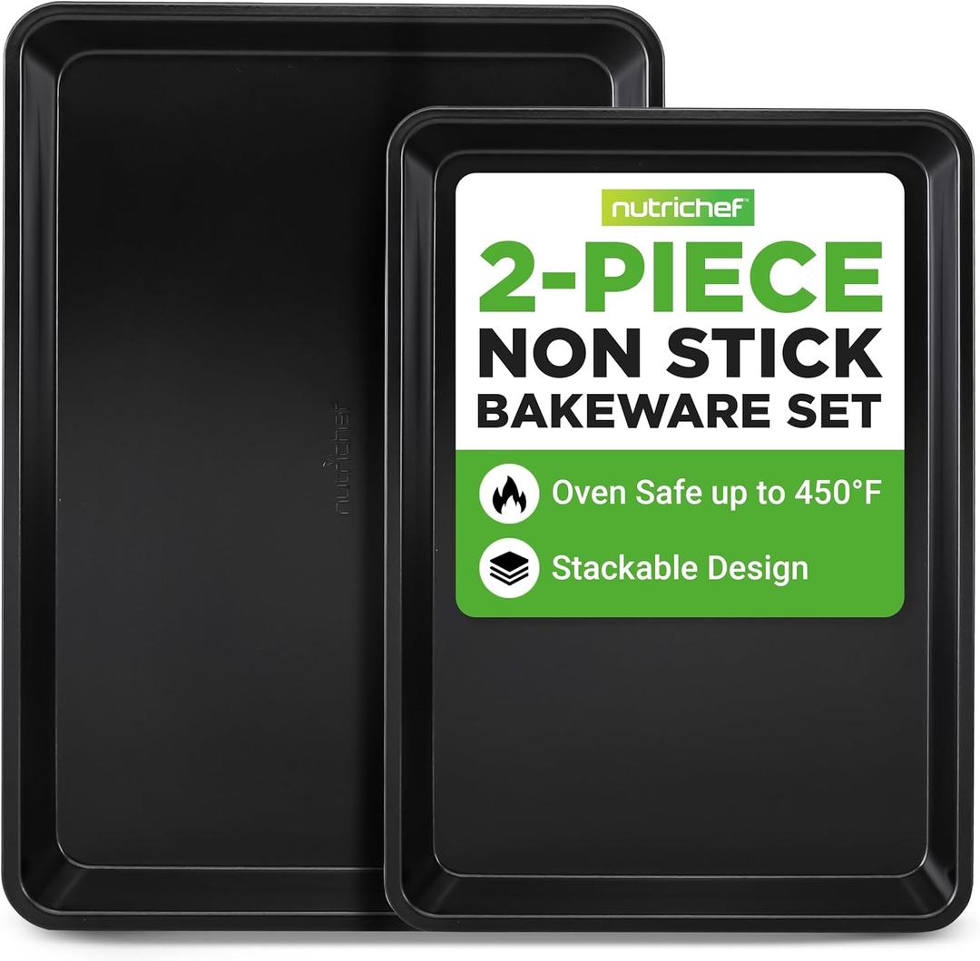 NutriChef 2-Piece Non-Stick Black Cookie Sheets - Versatile & Durable Non-Toxic Carbon Steel Bakeware Sets, Stackable Baking Tray for Cookies, Brownies, Jelly rolls - Oven Safe & Easy Clean