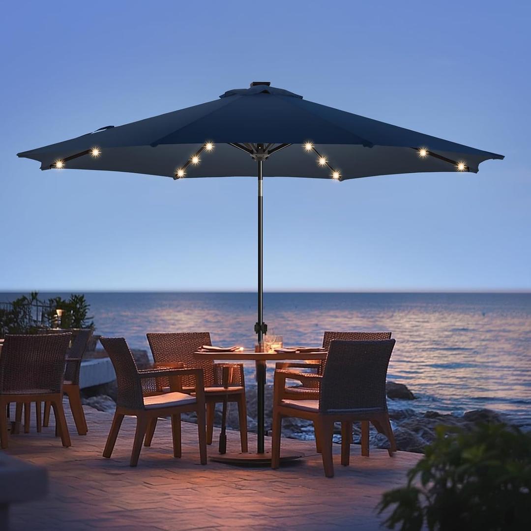 wikiwiki 11ft Solar Led Patio Umbrella, Sturdy Outdoor Market Umbrella for Deck, Pool, Garden w/Tilt, Crank, 32 LED Lights, Navy Blue