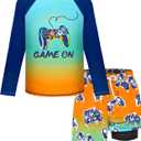 Boys Rash Guard Swim Set with Swim Trunks Bathing Suit Long Sleeve Swim Shirt Quick Dry Swimsuit Kids Gamepad Swimwear Size 8