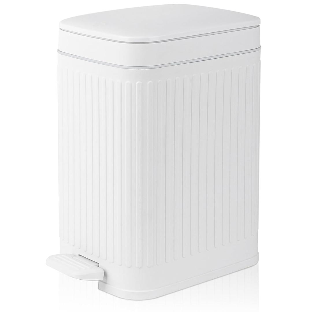 rejomiik Small Bathroom Trash Can with Lid Slim Soft Close Garbage Can Step Wastebasket Container Trash Bin for Office Bedroom Kitchen Living Room (1.9 Gallon White)