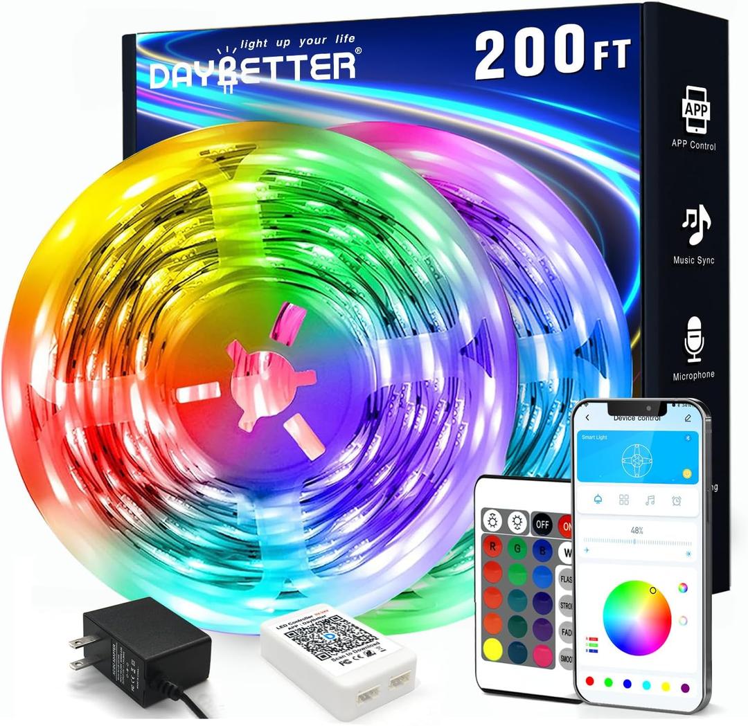 DAYBETTER LED Strip Lights 200 ft (2 Rolls of 100 ft), Smart App Control Lighting Bedroom Rome Decor with Remote, RGB Music Sync Color Changing LED Lights for Party (200FT)