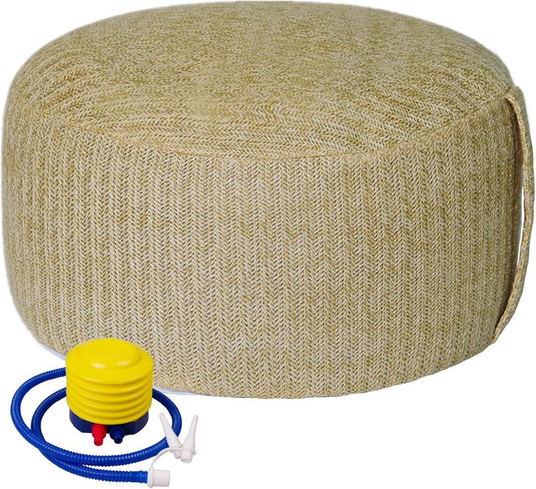 Woven Inflatable Ottoman with Air Pump D21x H10 Outdoor Indoor Pouf Patio Footrest Stool with Portable Handle, Round Ottoman for Patio Garden, Camping, Bedroom, Living Room Natural Color