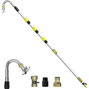 16FT(24FT Reach) Telescopic Gutter Cleaning Tools from The Ground, Rain Gutter Cleaners Tool with 360°Rotatable Metal Nozzle, Extension Pole, Hose Attachment, Watering Wand for Garden Hose