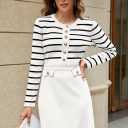 MEROKEETY Women's Long Sleeve Striped Sweater Dress Button Crewneck Fall Bodycon Formal Mini Dresses (White, XL)