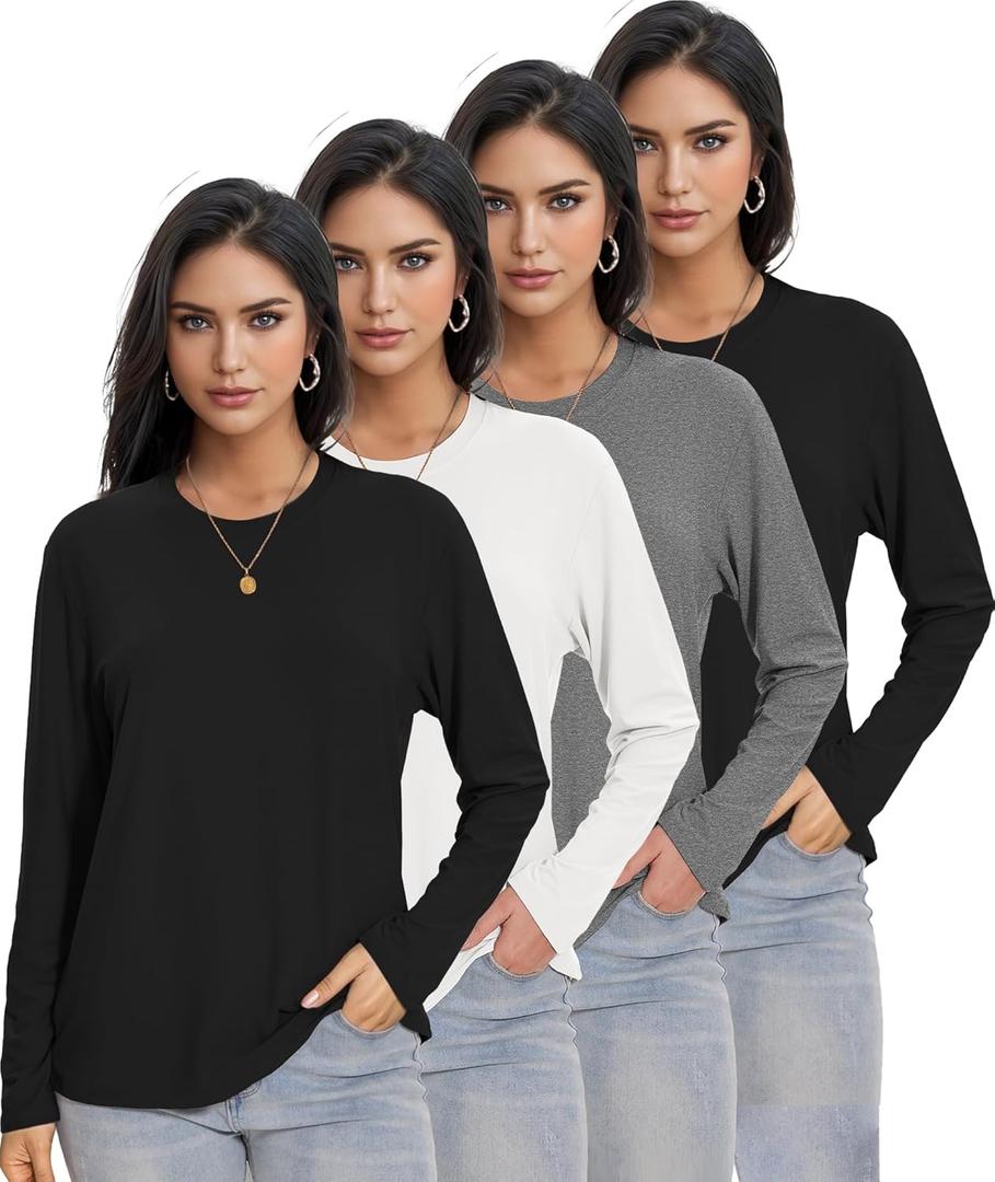 Kinglaman 4 Pack Womens Long Sleeve Shirts Tops Loose Fit Basic Crew Neck Tee T Shirts Ultra Soft Blouses Tops (L)