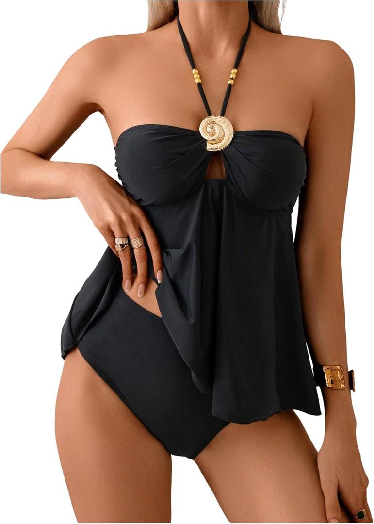 Verdusa Women's 2 Piece Halter Y2K Tankini Set Metal Peplum Flowy Tops with Panty Beach Outfits, XL