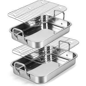 2 Pcs 14.17"15.35" Stainless Steel Roasting Pans with Handles, Baking Pan for Oven with 2 Pcs Flat Racks, Heavy Duty, Dishwasher Safe Rectangular Lasagna Pan with Handles for Turkey Chicken, Silver
