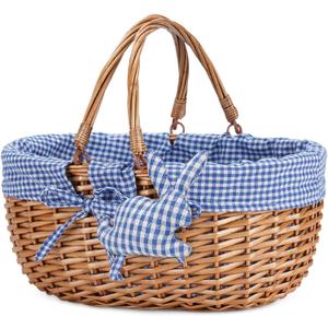 G GOOD GAIN Wicker Picnic Basket with Double Folding Handles,Willow Picnic Hamper,Natural Hand Woven Easter Basket,Easter Eggs and Candy Basket,Bath Storage,Gift Packing Basket, Blue