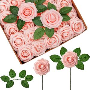 InnoGear Artificial Flowers, 50 Pcs Blush Foam Fake Roses Bulk with Stems for Decoration DIY Wedding Bouquets Centerpieces Bridal Shower Party Christmas Tree