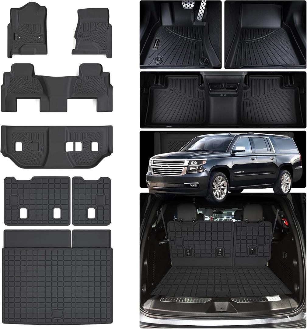 Floor Mats for 2015-2019 2020 Chevy Chevrolet Suburban/GMC Yukon XL 8 Seats (Not for Yukon) (2nd Row Bench Seats) & Cargo Mat & Backrest Mat,TPE All Weather Protection Full Set Accessories