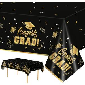 10 x 2 Pack Graduation Tablecloth - Congrats Grad Table Cloths, Plastic Disposable Rectangle Black Gold Class of 2026 Table Cover for Graduation Tables Decorations Party Decor Supplies Favors,108 x 54 Inch