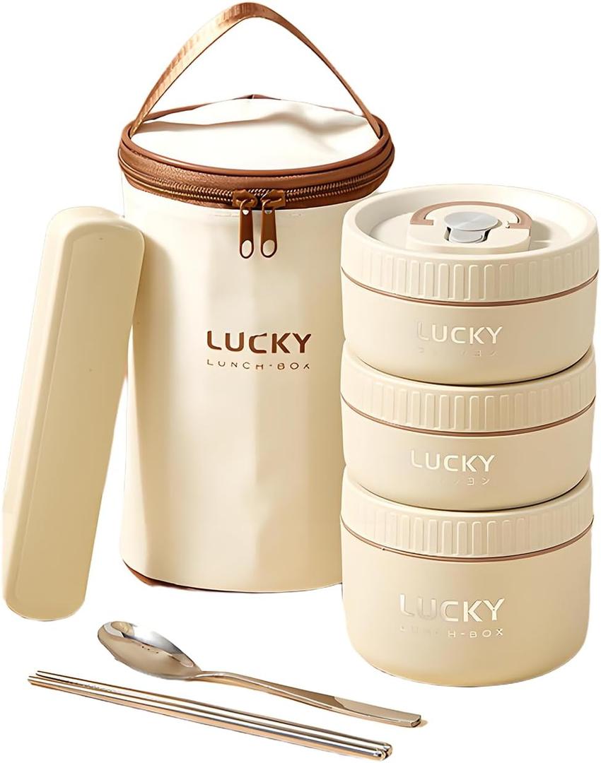 Stainless Steel Lunch Box, 3-Tier Insulated Bento Box Microwave Safe Soup Bowl for Adults, Thermal Food Container for Office Workers (Beige, 3pcs + Tableware + Insulated Bag)