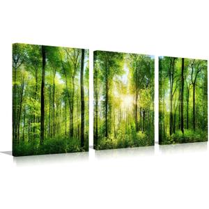 Forest Art Canvas Wall Decor: 3 Panel Nature Wall Art Landscape Paintings Framed Trees Green Pictures Sunrise Scenery Wall Decor for Living Room Bedroom Office Bathroom 12 x 16 Inch
