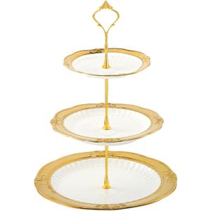 Kochorie 3 Tier Ceramic Cupcake Stand Tiered Serving Tray with Gold Rim White Embossed Cake Stand British Style Porcelain Dessert Table Display Set for Wedding, Birthday, Tea Party & Home Décor