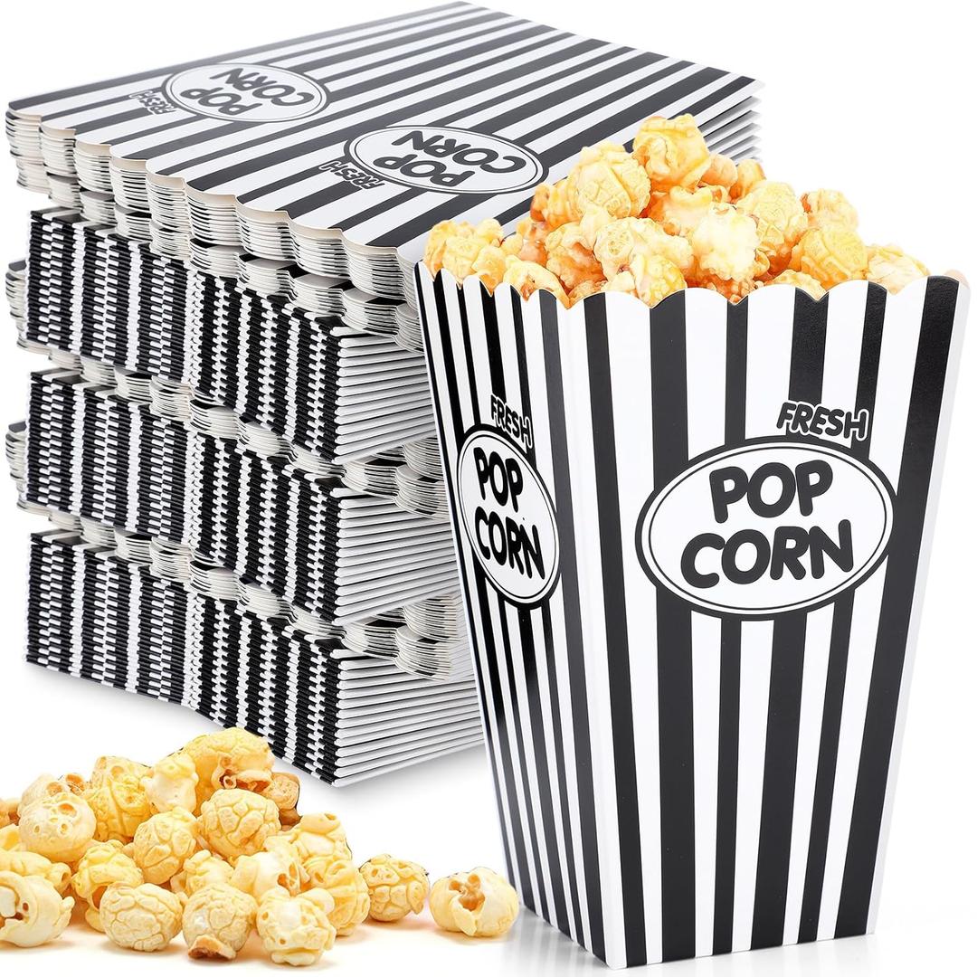 Xinnun 100 Pack Popcorn Boxes Classic Black White Stripe Paper Popcorn Buckets Disposable Oil Proof Container Vintage Retro Open Top Holders for Movie Night Supply Theater Carnival Party