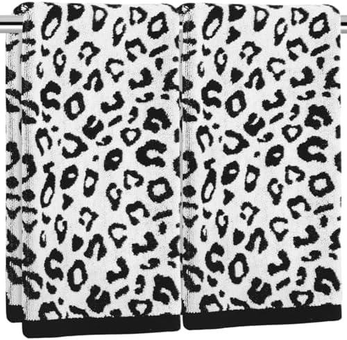 AnyDesign 2 Pcs Leopard Print Hand Towels Bath Towels Black White Cheetah Print Cotton Absorbent Decorative Face Towel for Guest Room Bathroom Kitchen Gym Decor, 29.5 x 13.7 Inch