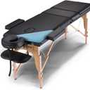 Portable Massage Table Massage Bed Professional SPA Reiki Eyelash Salon Bed, Wooden Frame Height Adjustment & Accessories, Black (3-Section)