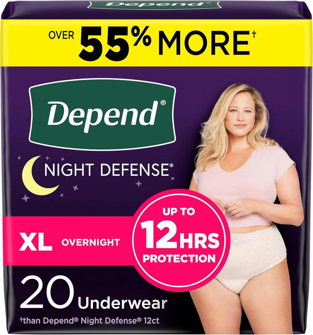 Depend Night Defense Adult Incontinence & Postpartum Bladder Leak Underwear for Women, Disposable, Overnight, Extra-Large, Blush, 20 Count, Packaging May Vary (X-Large)
