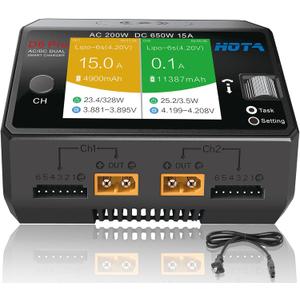 HOTA D6 Pro Lipo Battery Charger Smart Charger Dual Channel 15A AC200W DC650W for Lipo LiHv Nicd NiMH RC Battery Charger with Balance Phone Wireless Charging RC Car RC Boat FPV Race Drone Parts