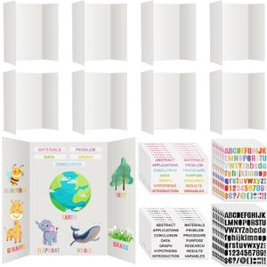 Teling 40 Pcs Trifold Poster Board 36" x 48" Large Science Fair Display Board Lightweight Fold Presentation Paperboard 8 Trifold Display Paperboard and 16 Letter Stickers and 16 Pcs Science Titles