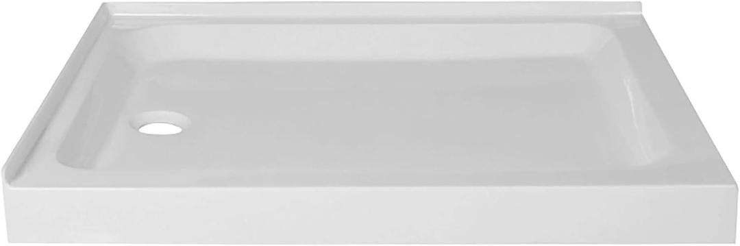 Fine Fixtures 42" x 30" Double Threshold Acrylic Shower Base with Non-Slip Textured Surface Left Hand Flange and Drain - Durable White Shower Floor Pan for Safe, Reliable Bathroom Use